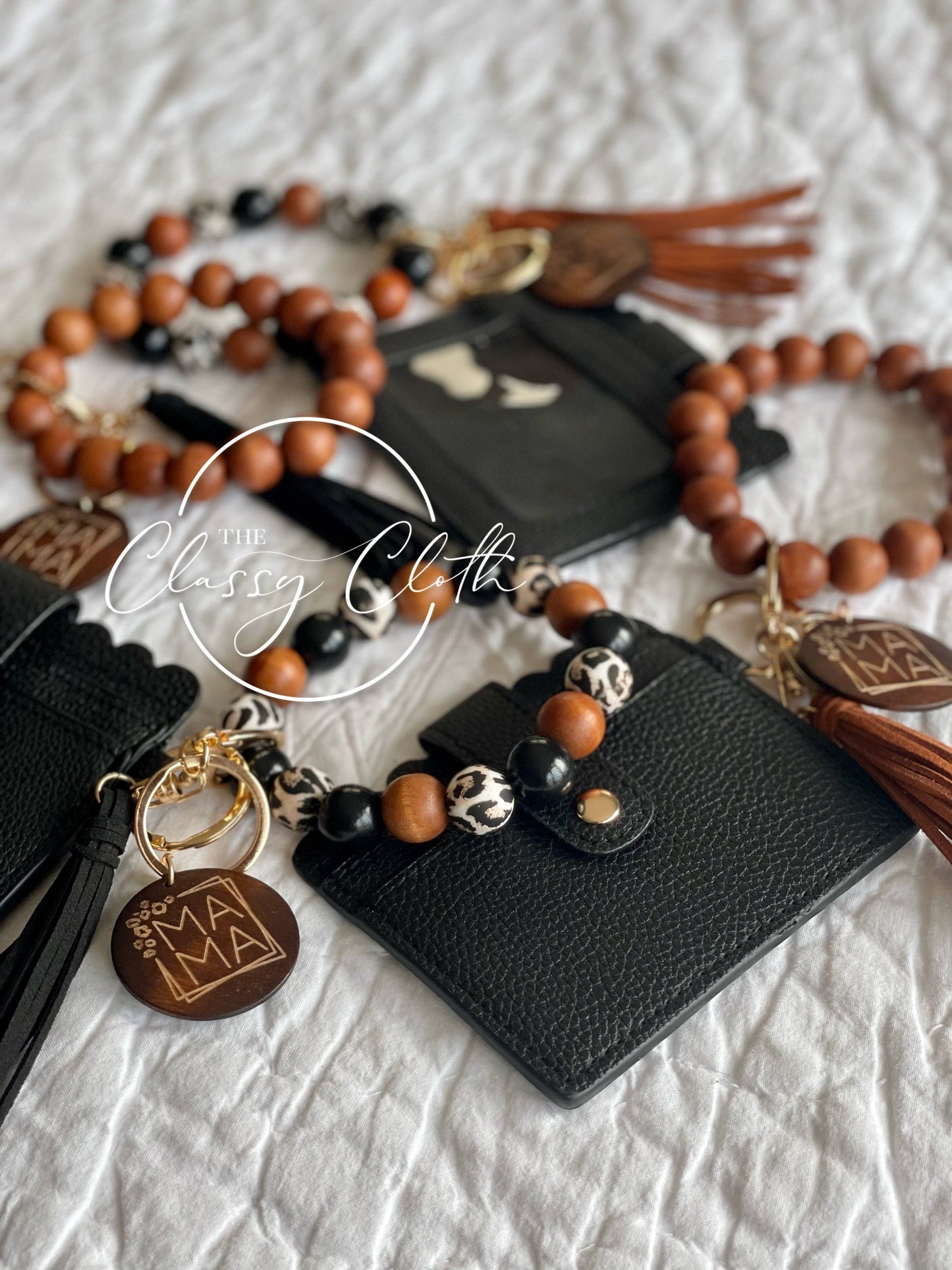 MAMA Wristlet Keychain Wallet- Solid Wood w/ Brwn Tassel RTS