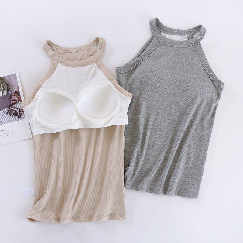 Laid back halter neck rib knit built-in bra tank top
