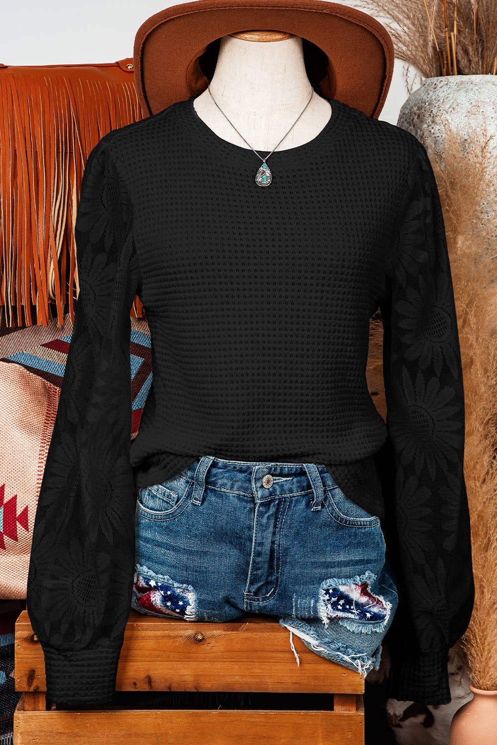 Fashion-W Sunflower Mesh Bubble Sleeve Waffle Knit Top