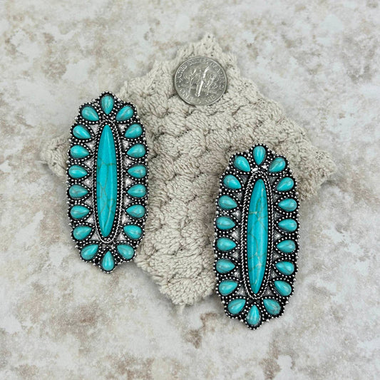 Silver Oval Concho Dangle Earrings with Turquoise