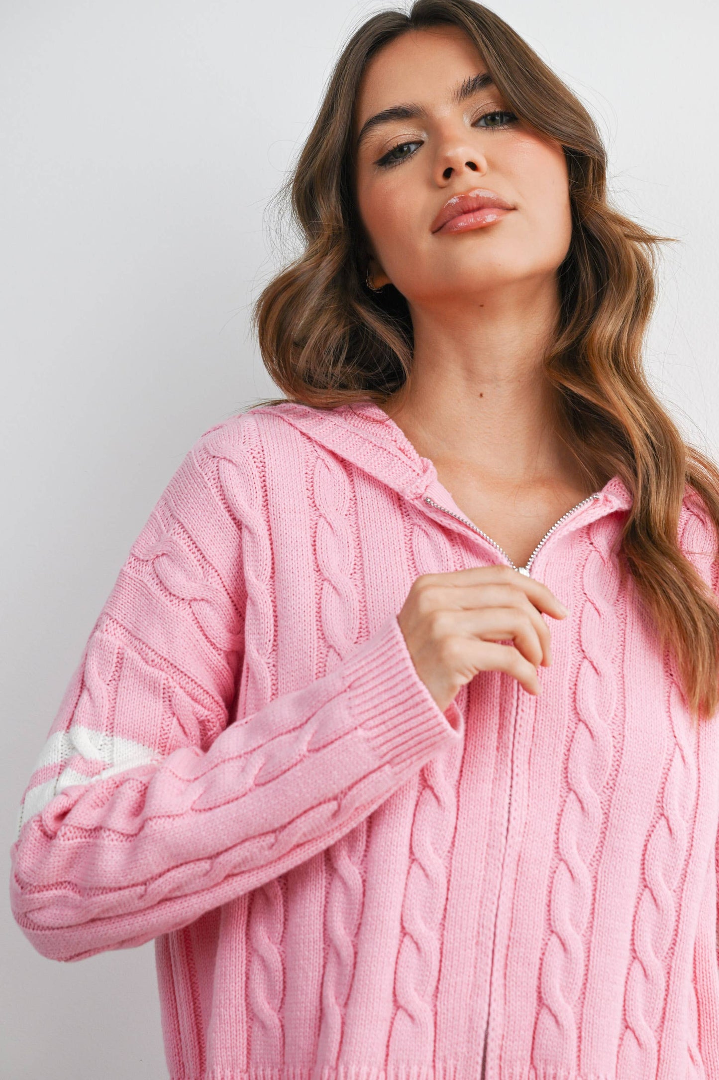 Cable Knit Zip-Up Hoodie Cardigan -