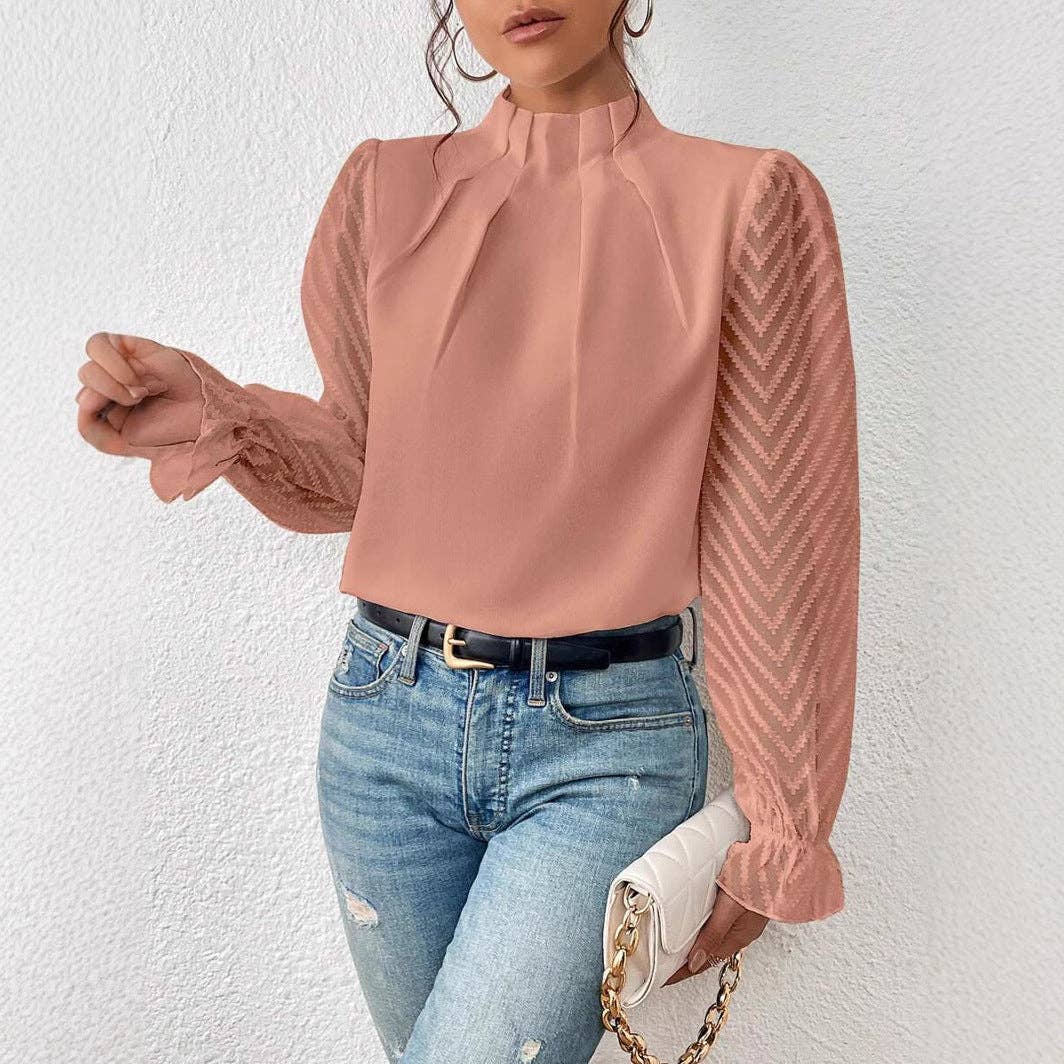 Chiffon High Neck Sheer Sleeve Blouse Elegant Top