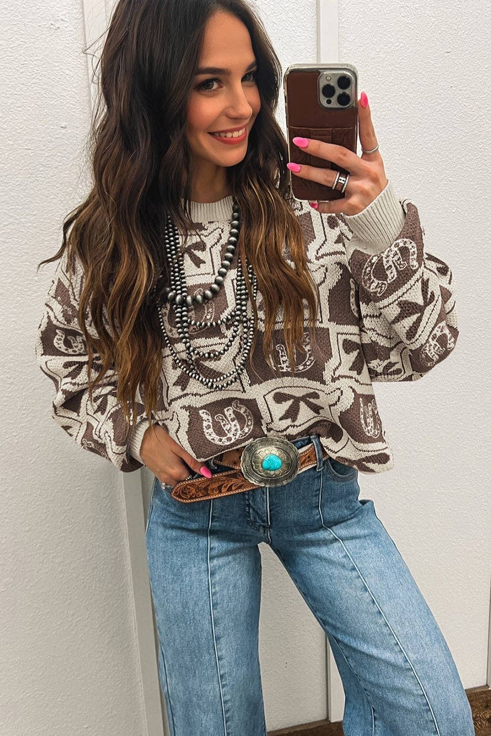 Brown Bows & Horseshoes Pattern Western Fashion Print Sweater