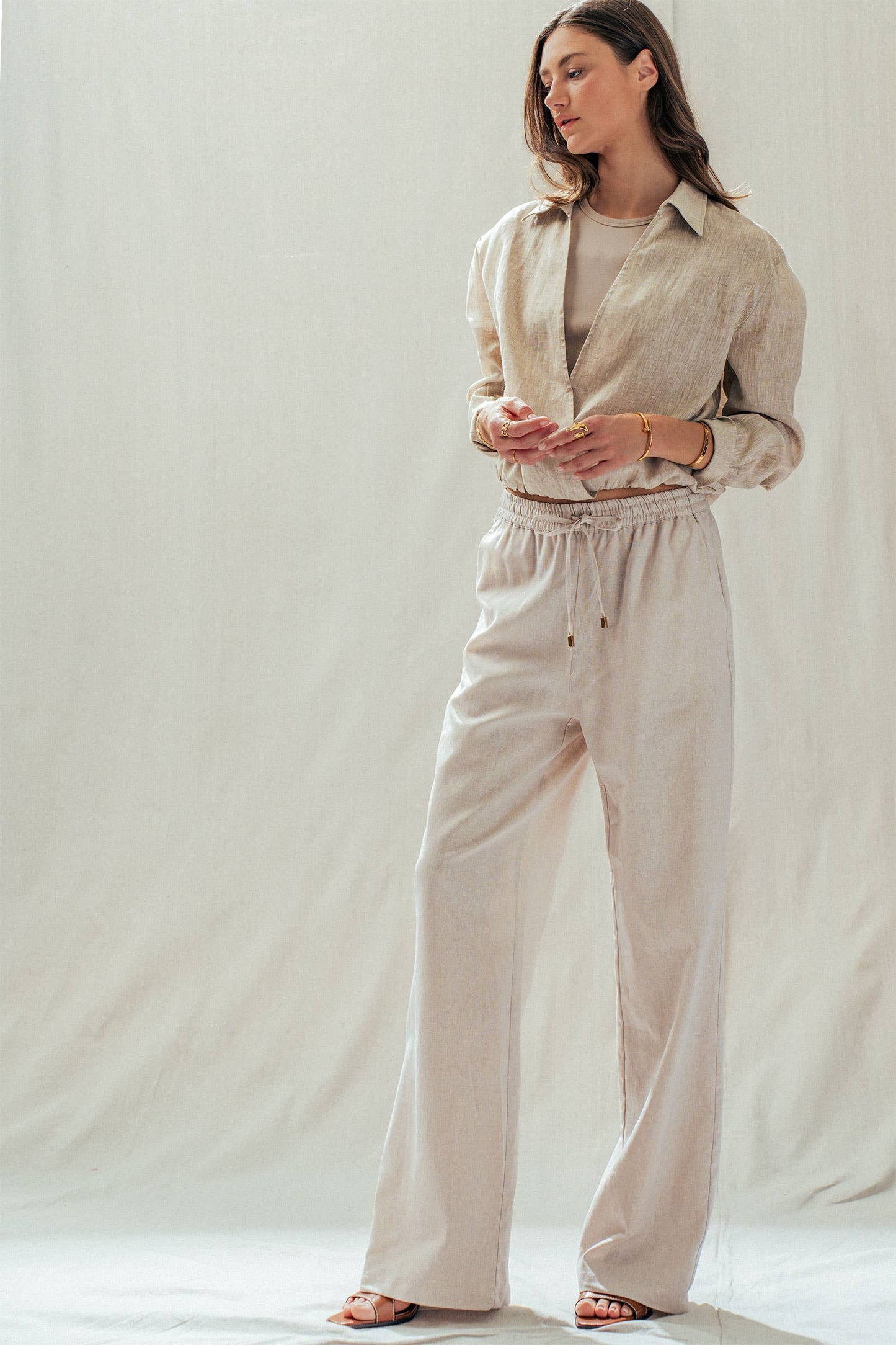 Linen Blend Wide Leg Pants Drawstring Waist