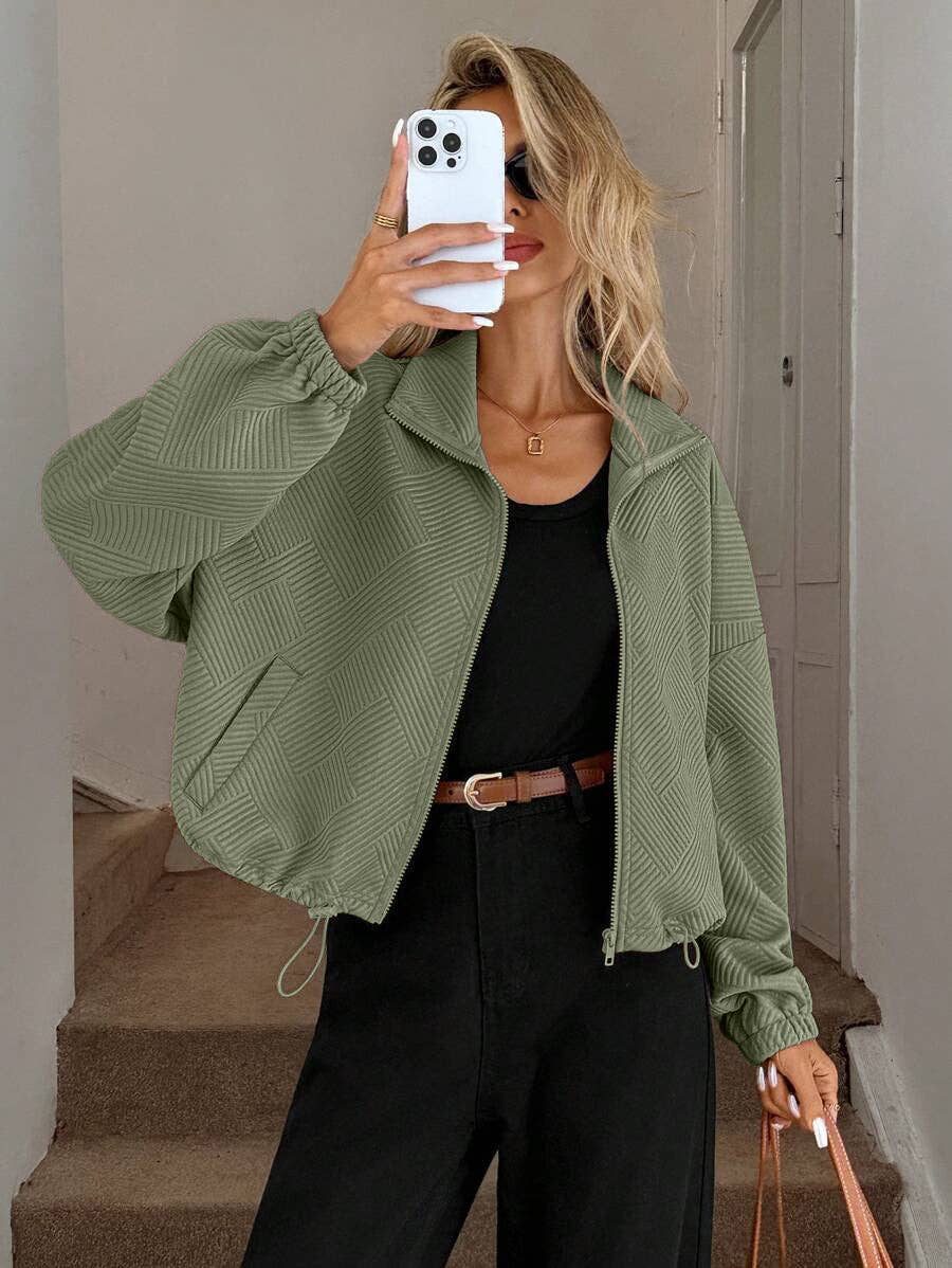Textured Polyester Jacket Casual Bomber Oversized Zip Up