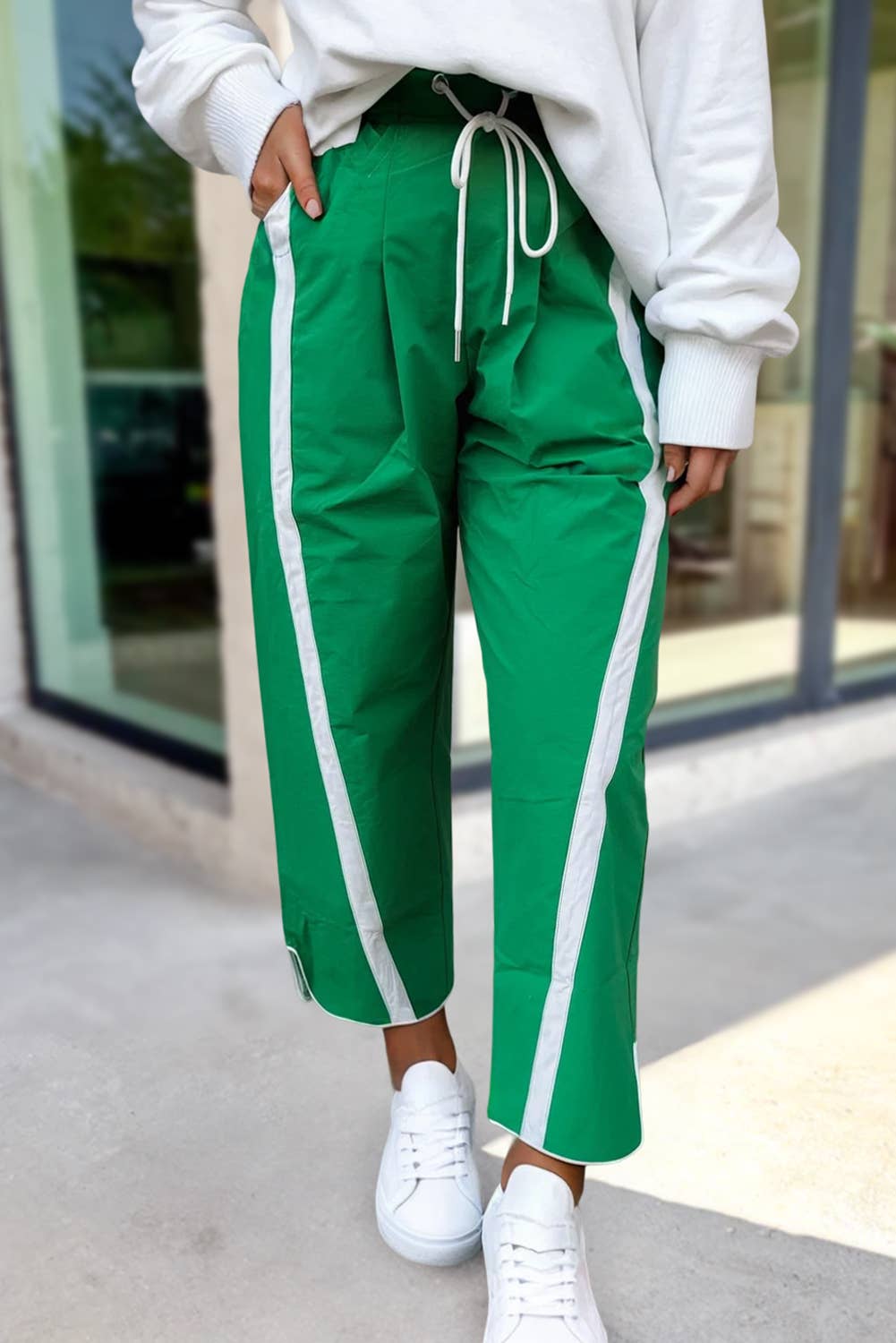 Stripe Smocked Waist Drawstring Cropped Pants | S-XL