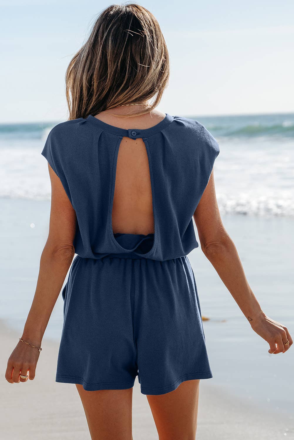 Open Back Cap Sleeve Drawstring Knit Romper | S-XL