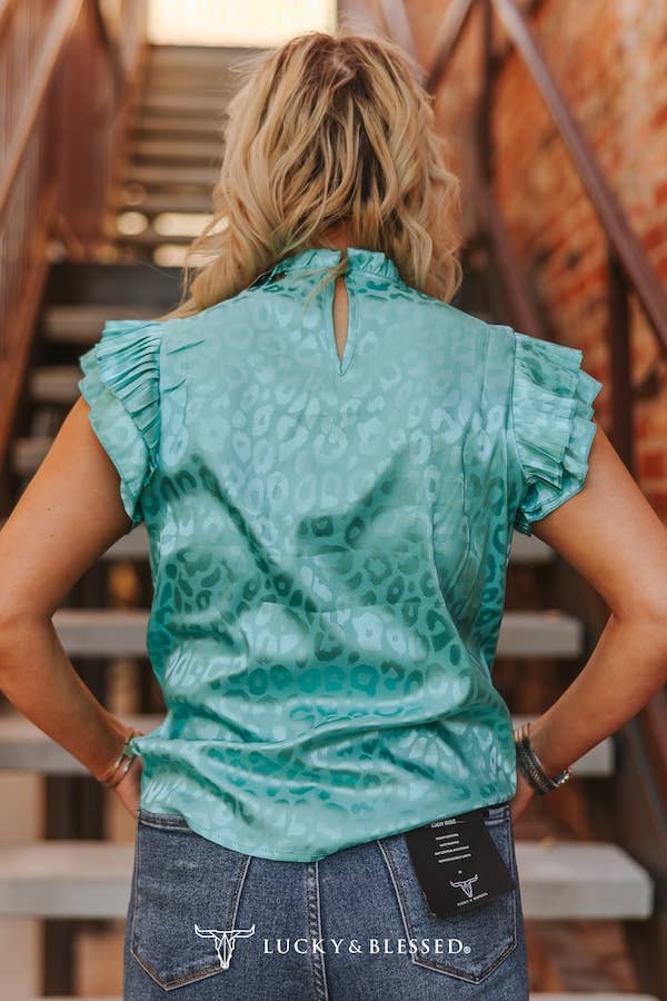 Turquoise Leopard Satin Pleated Ruffle Sleeveless Top