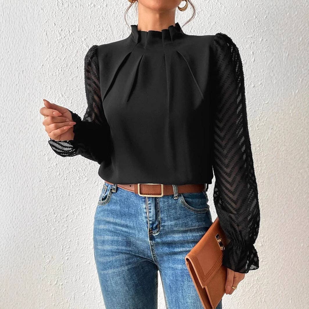 Chiffon High Neck Sheer Sleeve Blouse Elegant Top