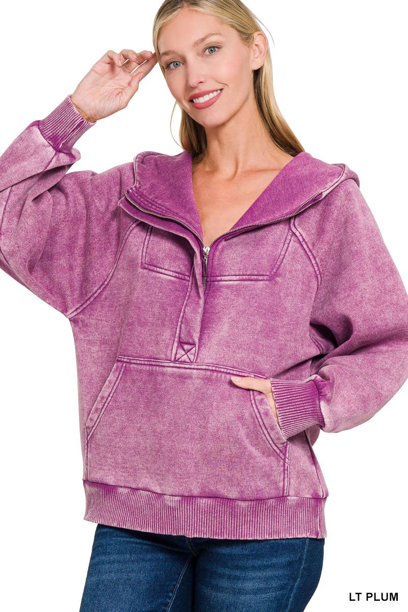 .SI-25317 Washed Fleece Oversized 1/4 Zip Hoodie
