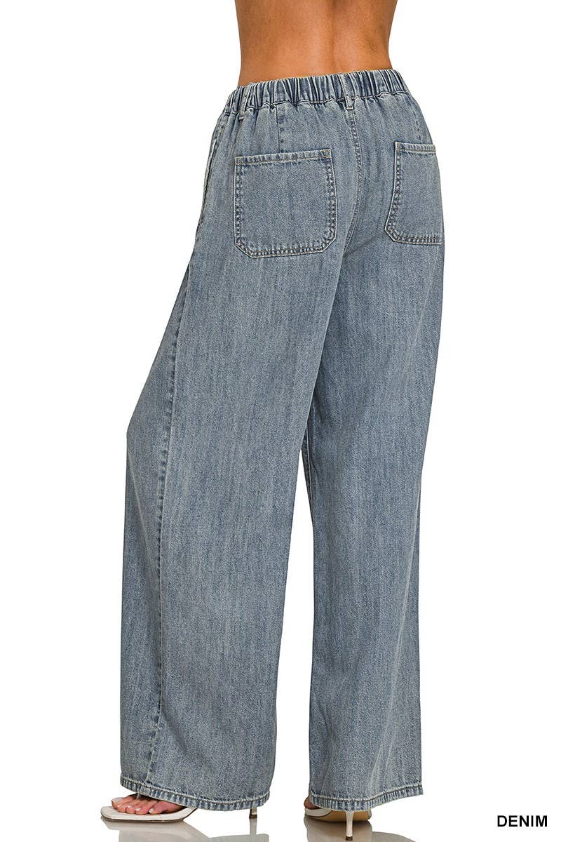 Wide Leg Drawstring Elastic Waistband Denim Pants