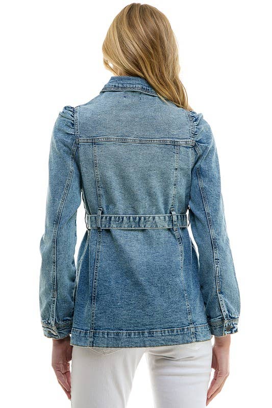 Stretch Solid Ladies Casual Denim Jacket with Belt