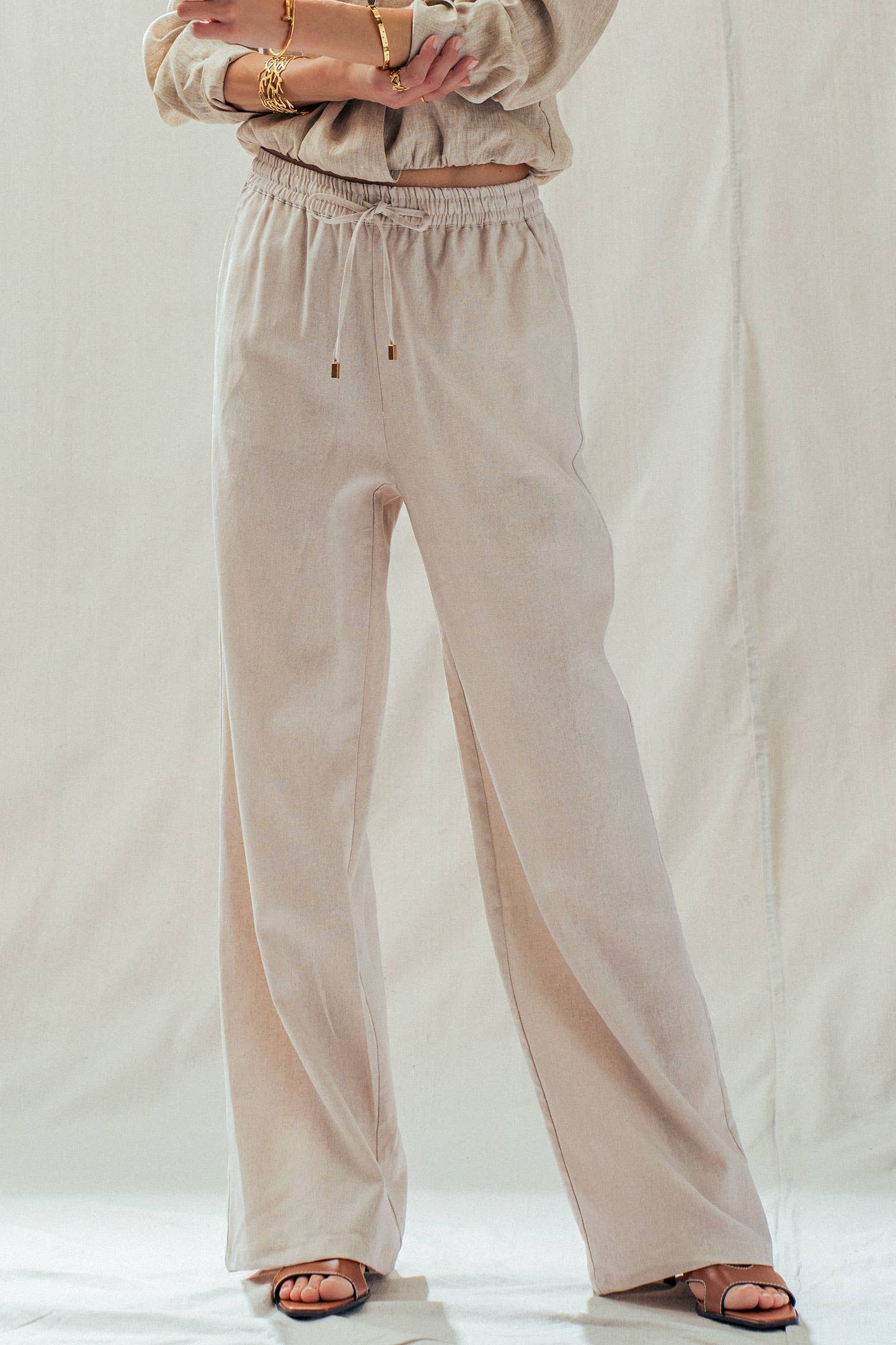 Linen Blend Wide Leg Pants Drawstring Waist