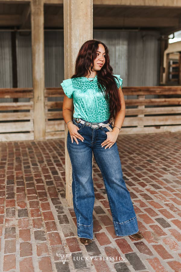 Turquoise Leopard Satin Pleated Ruffle Sleeveless Top