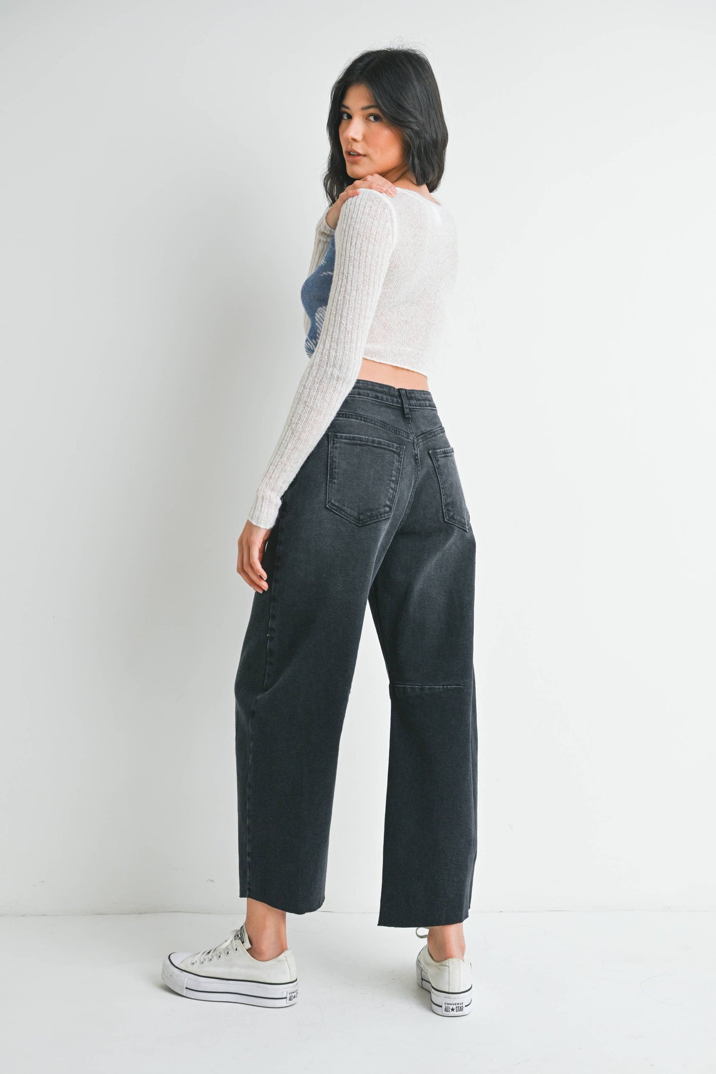 Raw Hem Barrel Jean w/ Seams - WASHED BLACK - BP473J