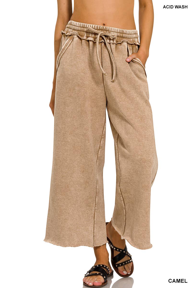WASHED FLEECE PALAZZO SWEATPANTS WITH POCKET