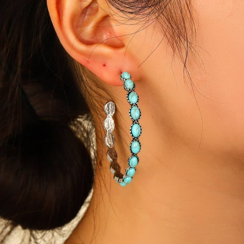 WESTERN TURQ STONE HOOP EARRINGS | 40E437