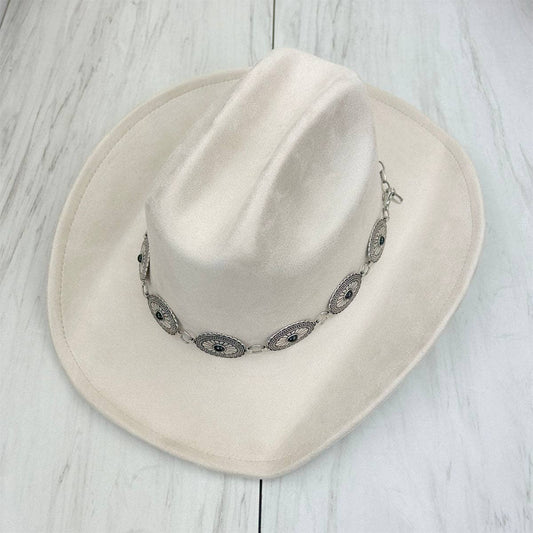 silver oval metal with black stone hat decor chain.