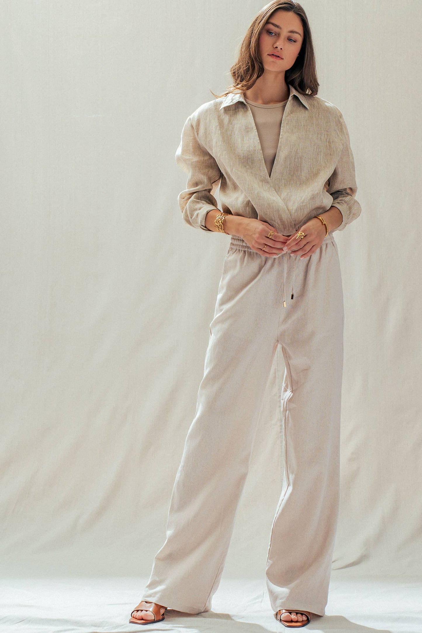Linen Blend Wide Leg Pants Drawstring Waist
