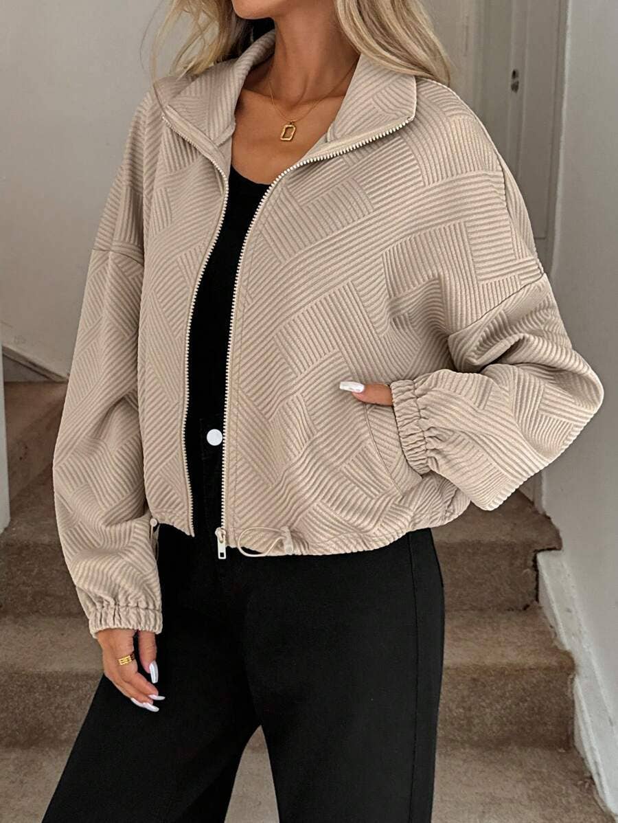 Textured Polyester Jacket Casual Bomber Oversized Zip Up
