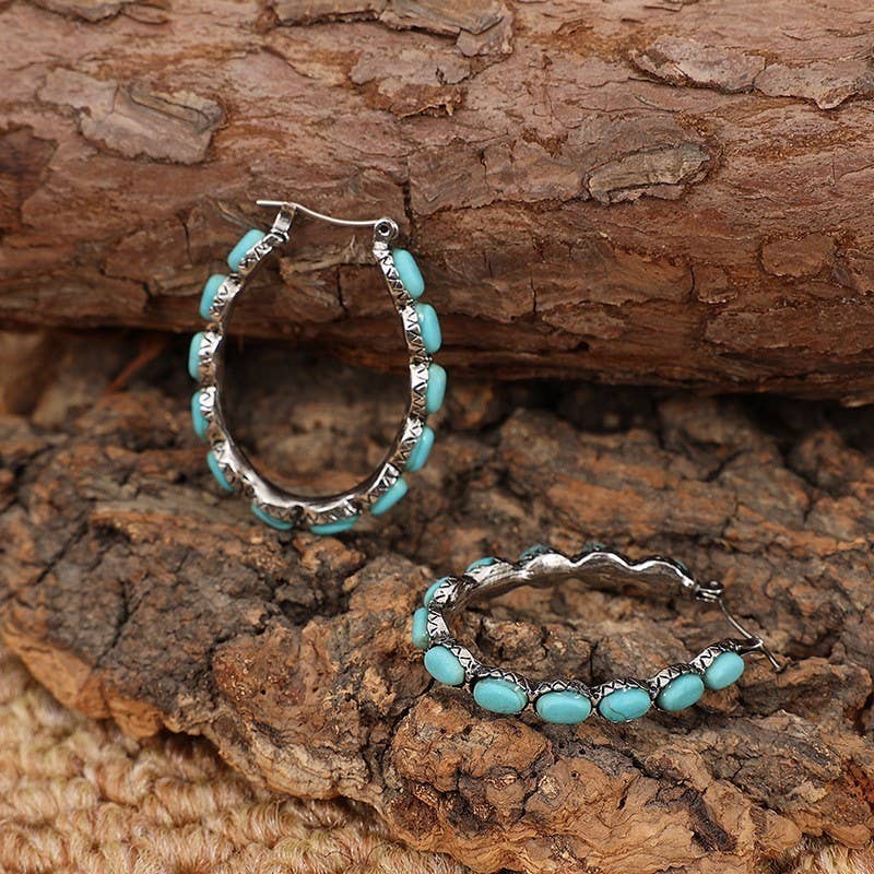 WESTERN TURQ STONE HOOP EARRINGS | 40E437