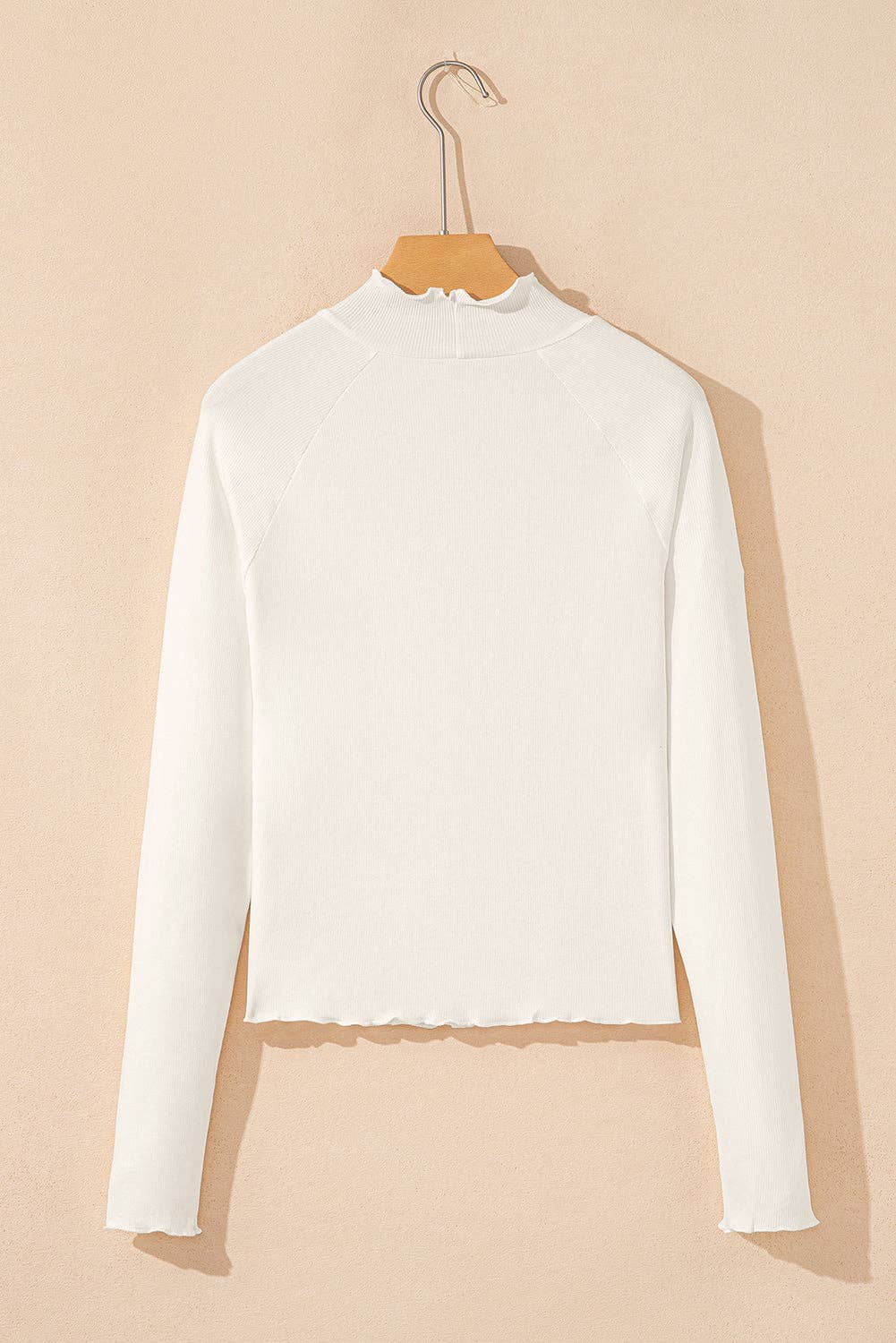Black Ribbed Knit Lettuce Trim High Neck Long Sleeve Top
