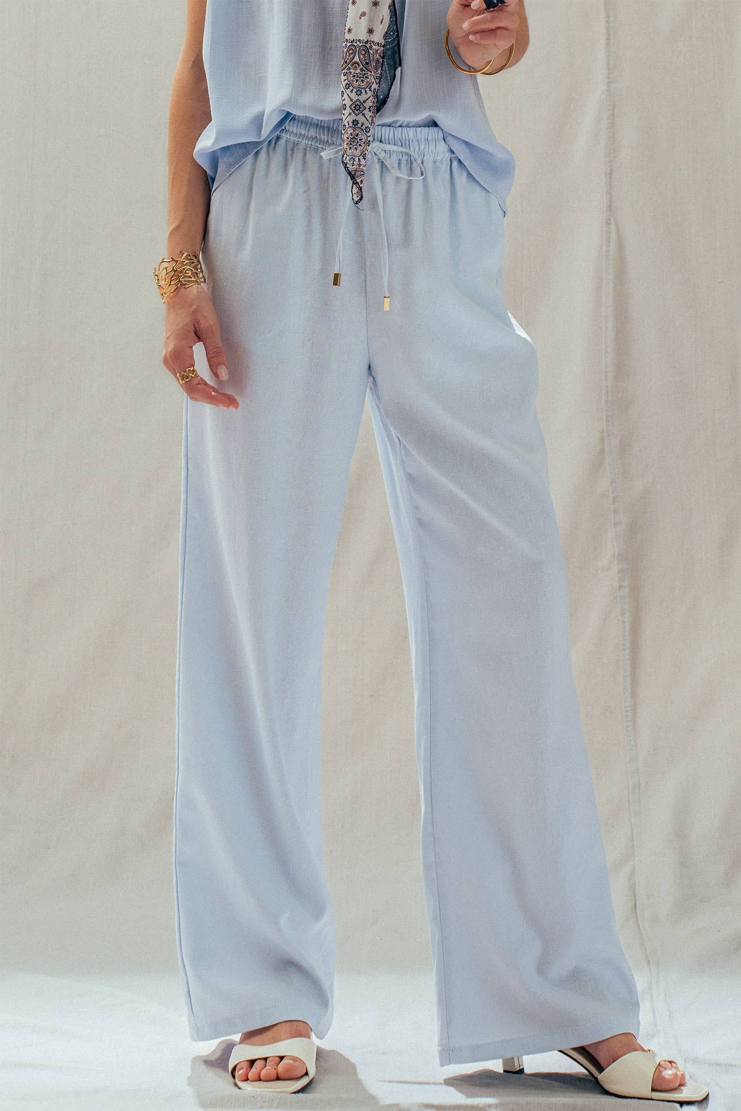 Linen Blend Wide Leg Pants Drawstring Waist