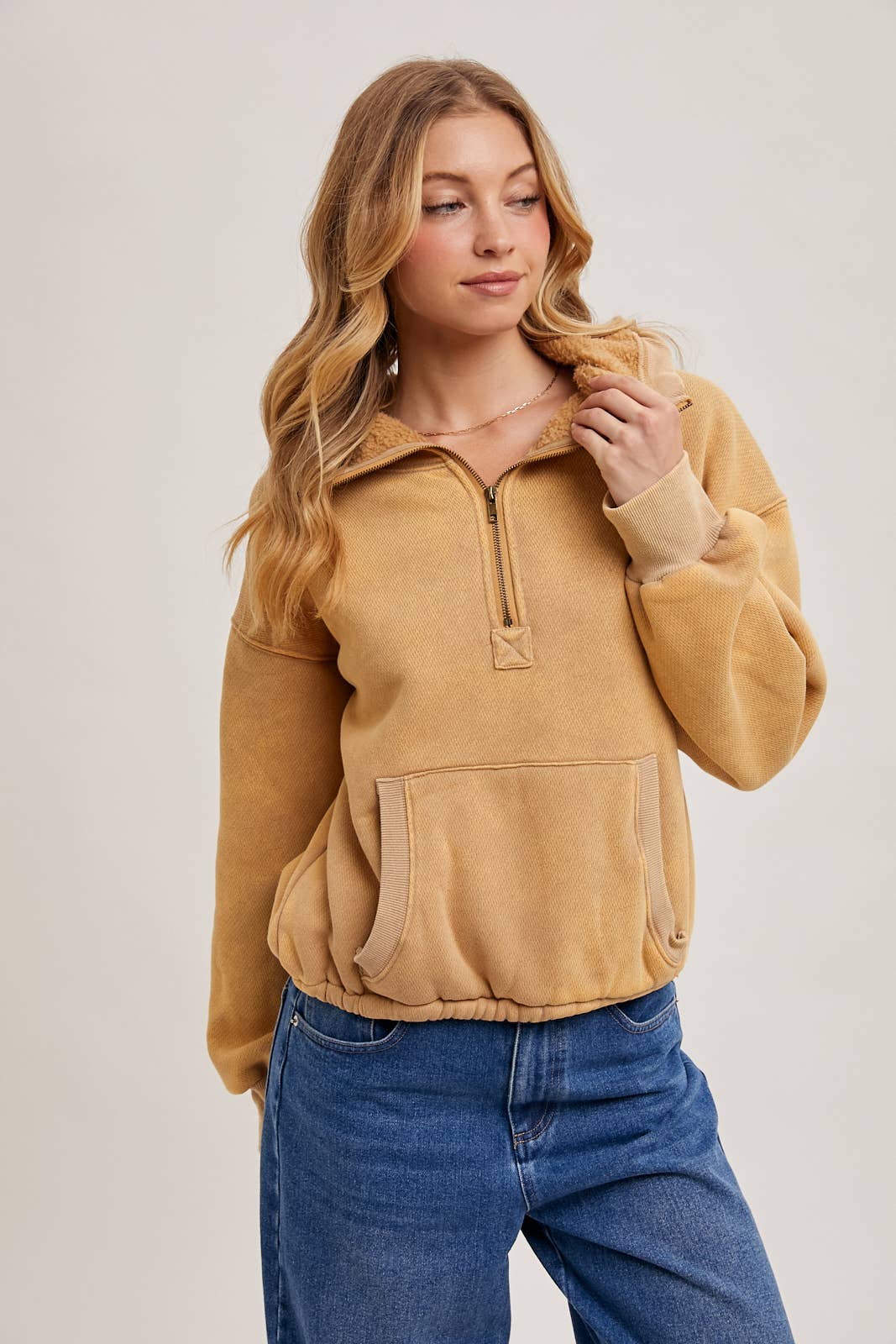 HALF ZIPPER FRONT HOODIE SWEATSHIRT WITH INNER FLEECE