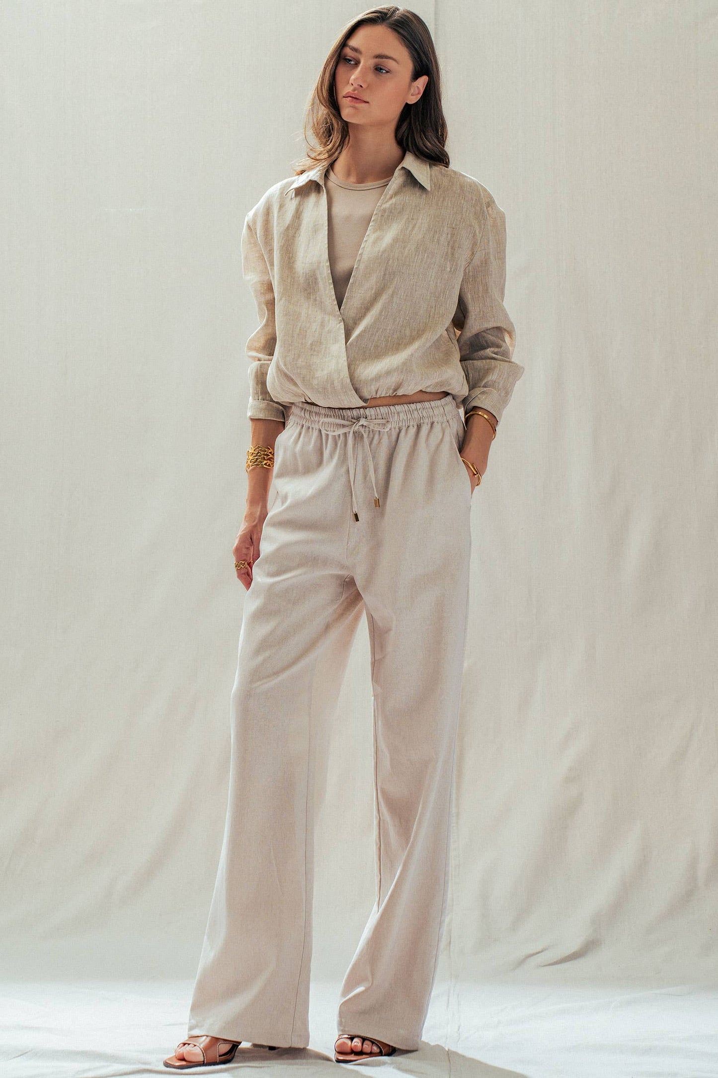 Linen Blend Wide Leg Pants Drawstring Waist