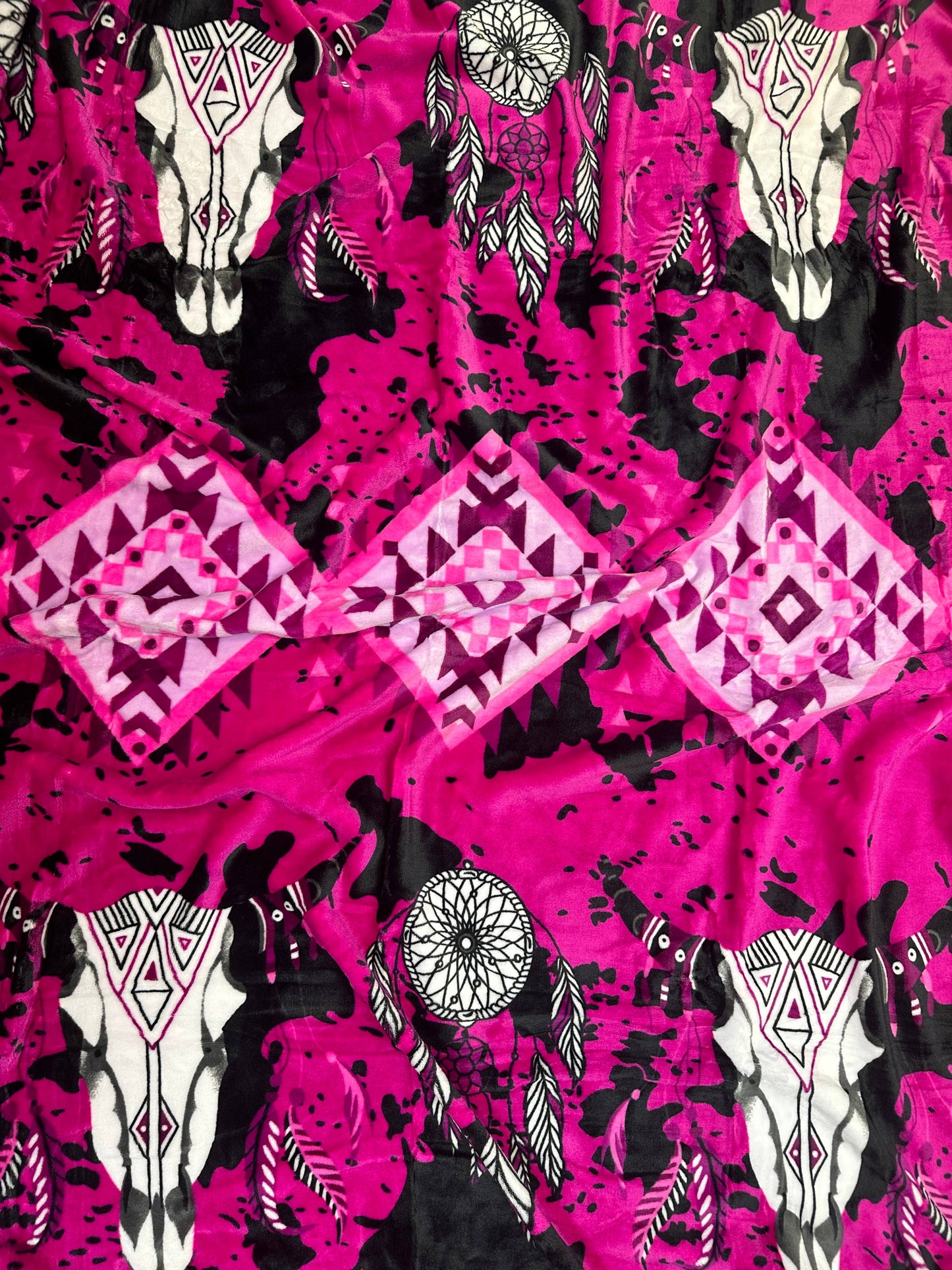 Pink Southwest Steer Aztec King Size Super Plush Blanket
