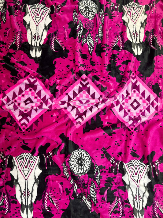 Pink Southwest Steer Aztec King Size Super Plush Blanket