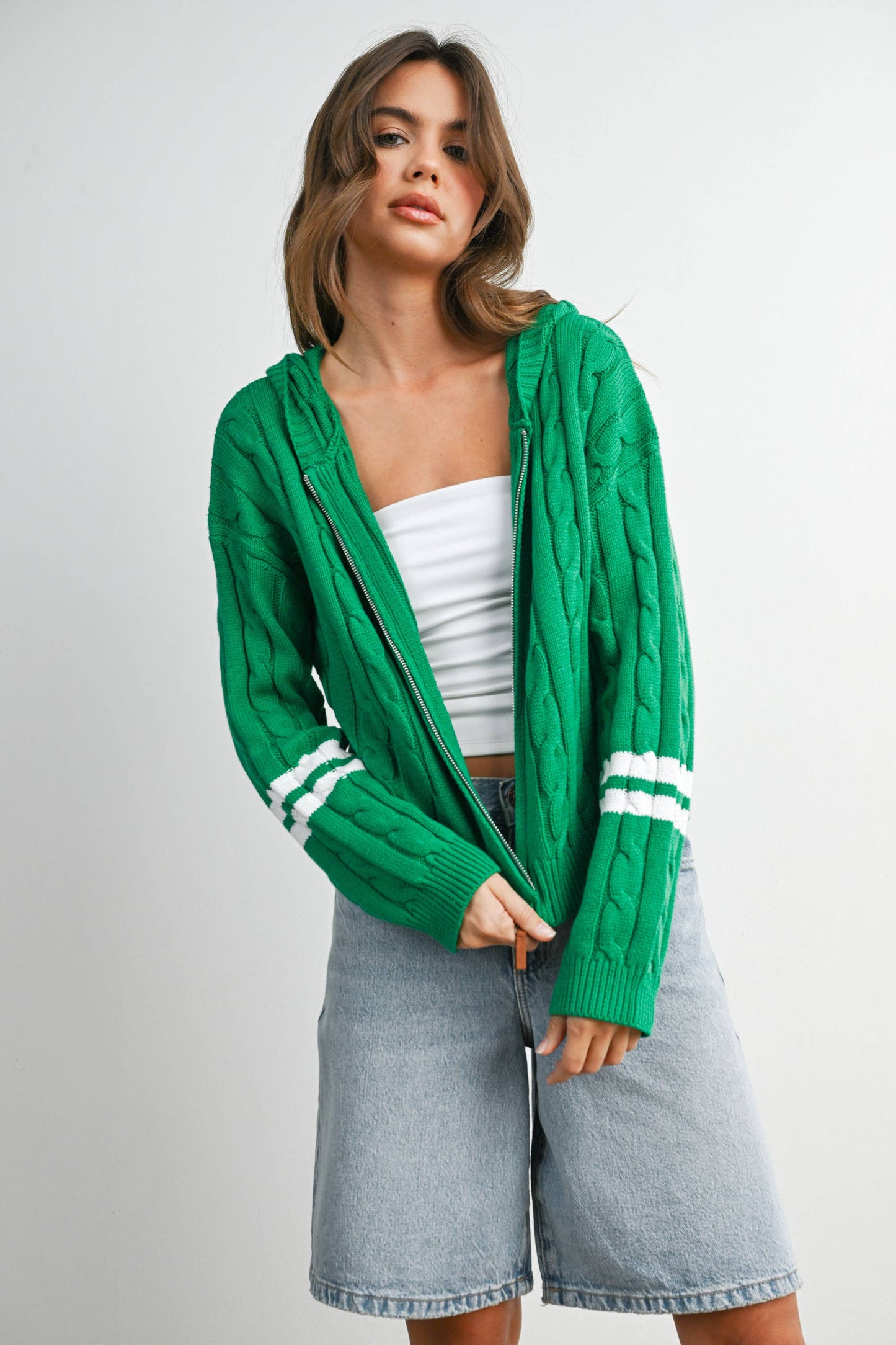 Cable Knit Zip-Up Hoodie Cardigan -