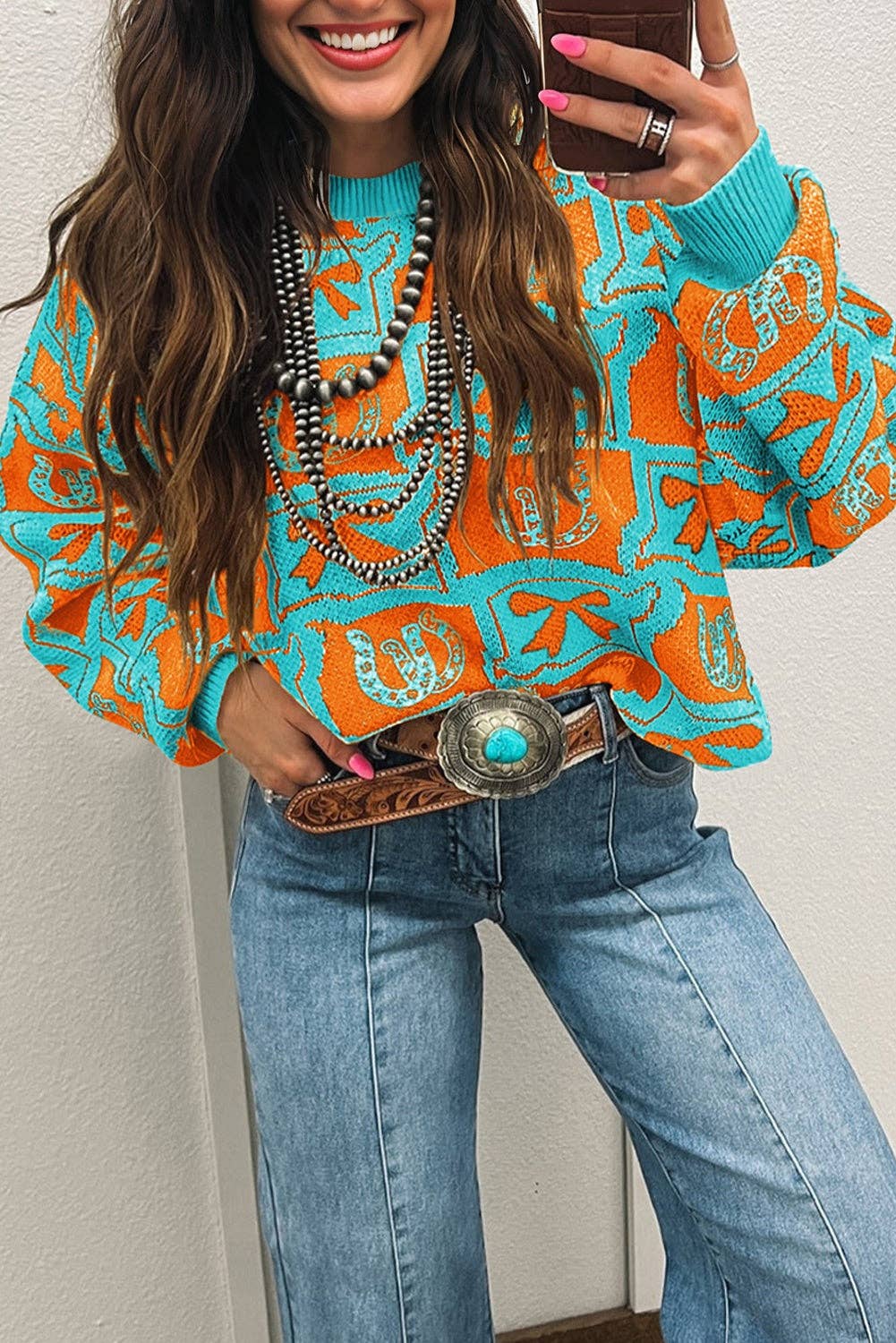 Brown Bows & Horseshoes Pattern Western Fashion Print Sweater