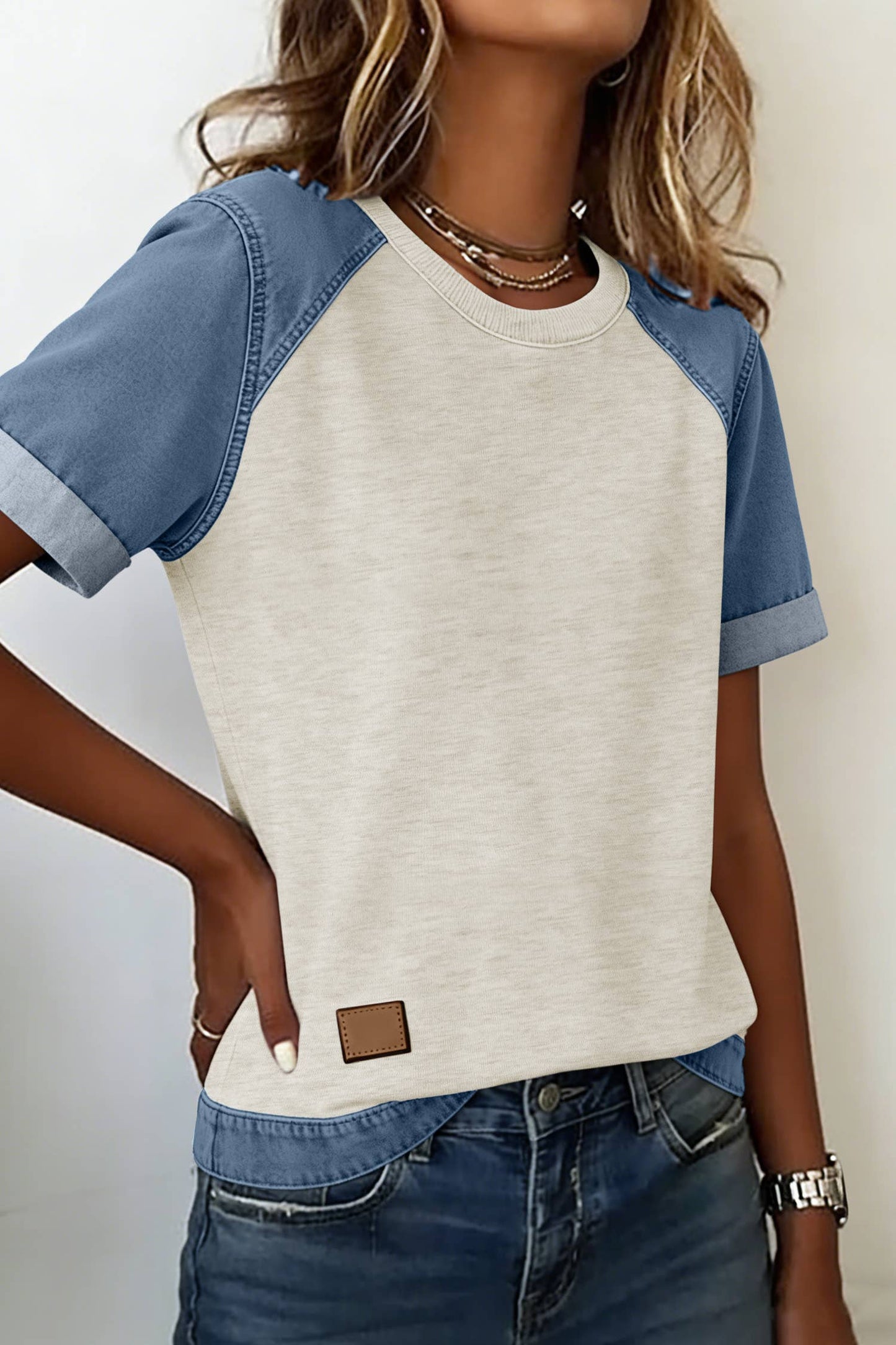 Spring 2026 Denim Color Block Patchwork Round Neck Tee