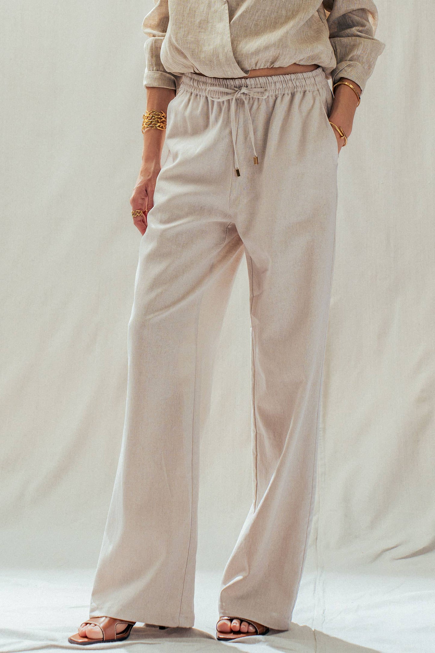 Linen Blend Wide Leg Pants Drawstring Waist