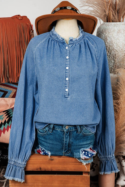 Western Fall Frill Raw Hem Half Buttoned Denim Top Blouse
