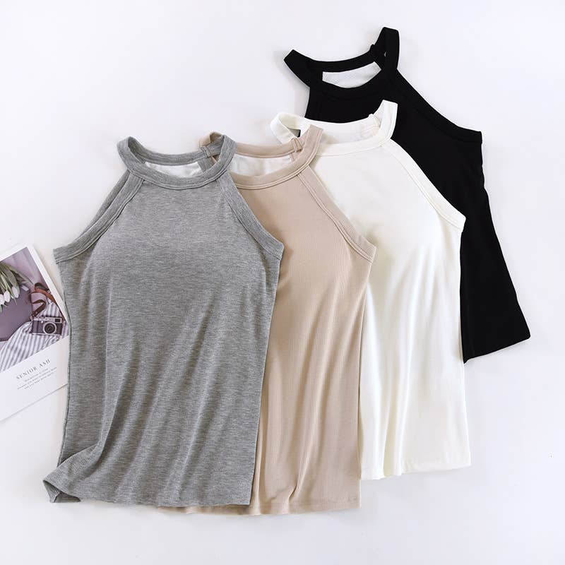 Laid back halter neck rib knit built-in bra tank top
