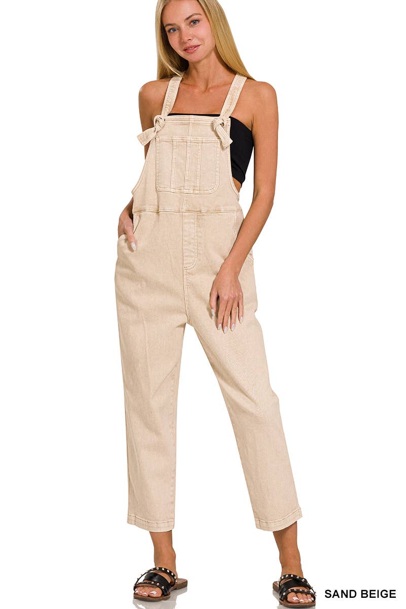 ',._ Washed Knot Strap Relaxed Fit Denim Overalls