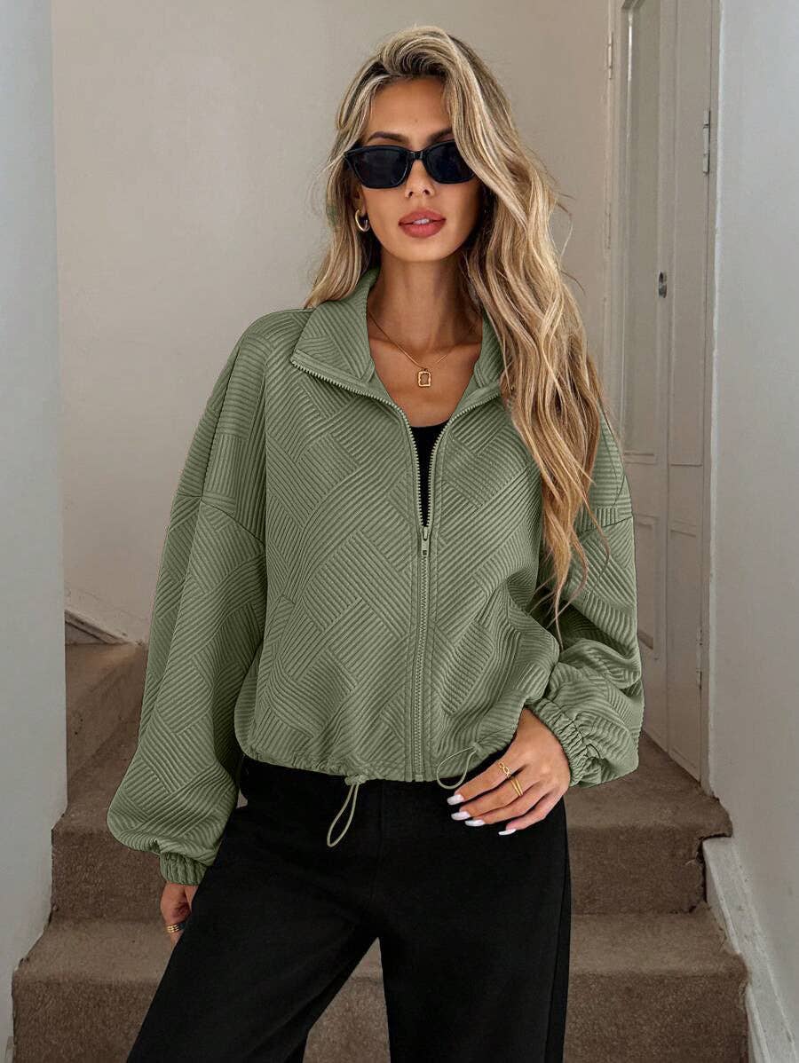 Textured Polyester Jacket Casual Bomber Oversized Zip Up