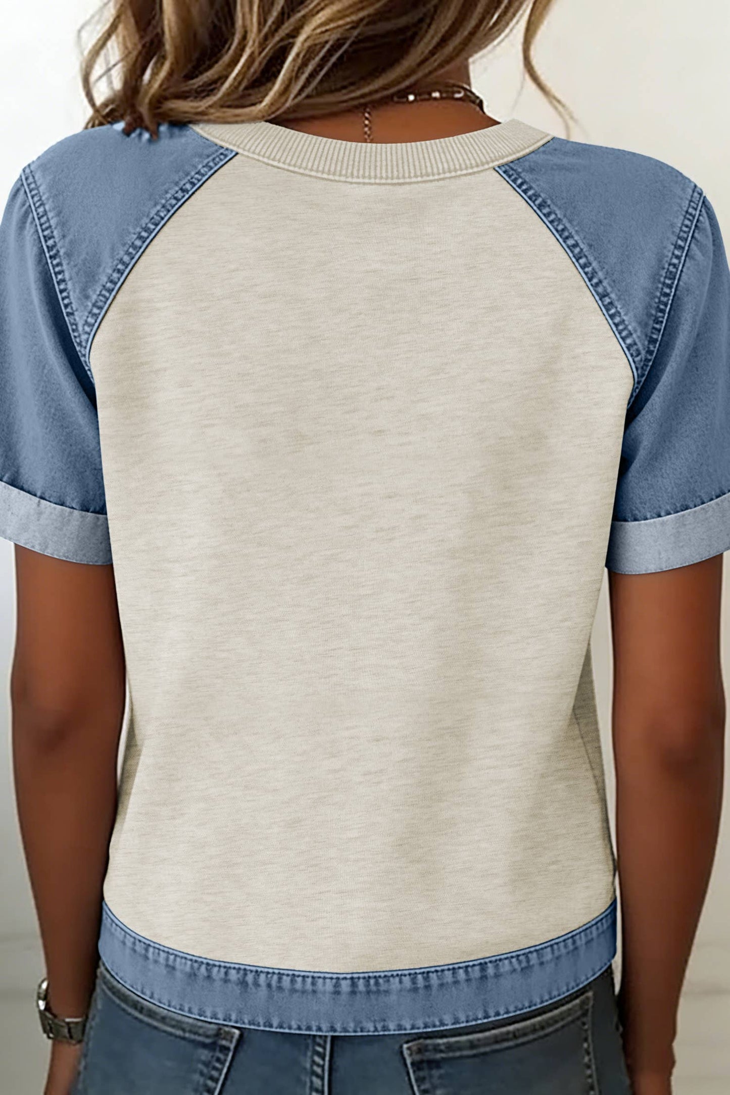 Spring 2026 Denim Color Block Patchwork Round Neck Tee