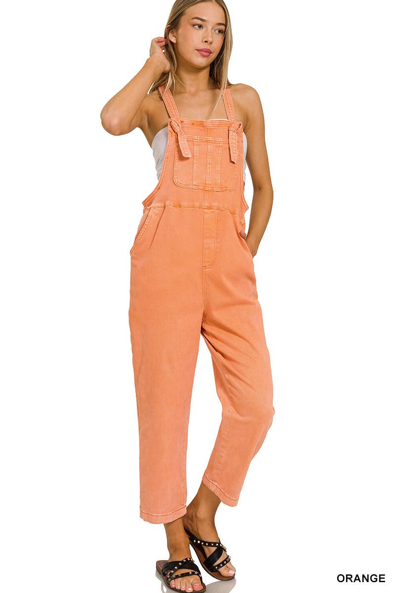 ',._ Washed Knot Strap Relaxed Fit Denim Overalls