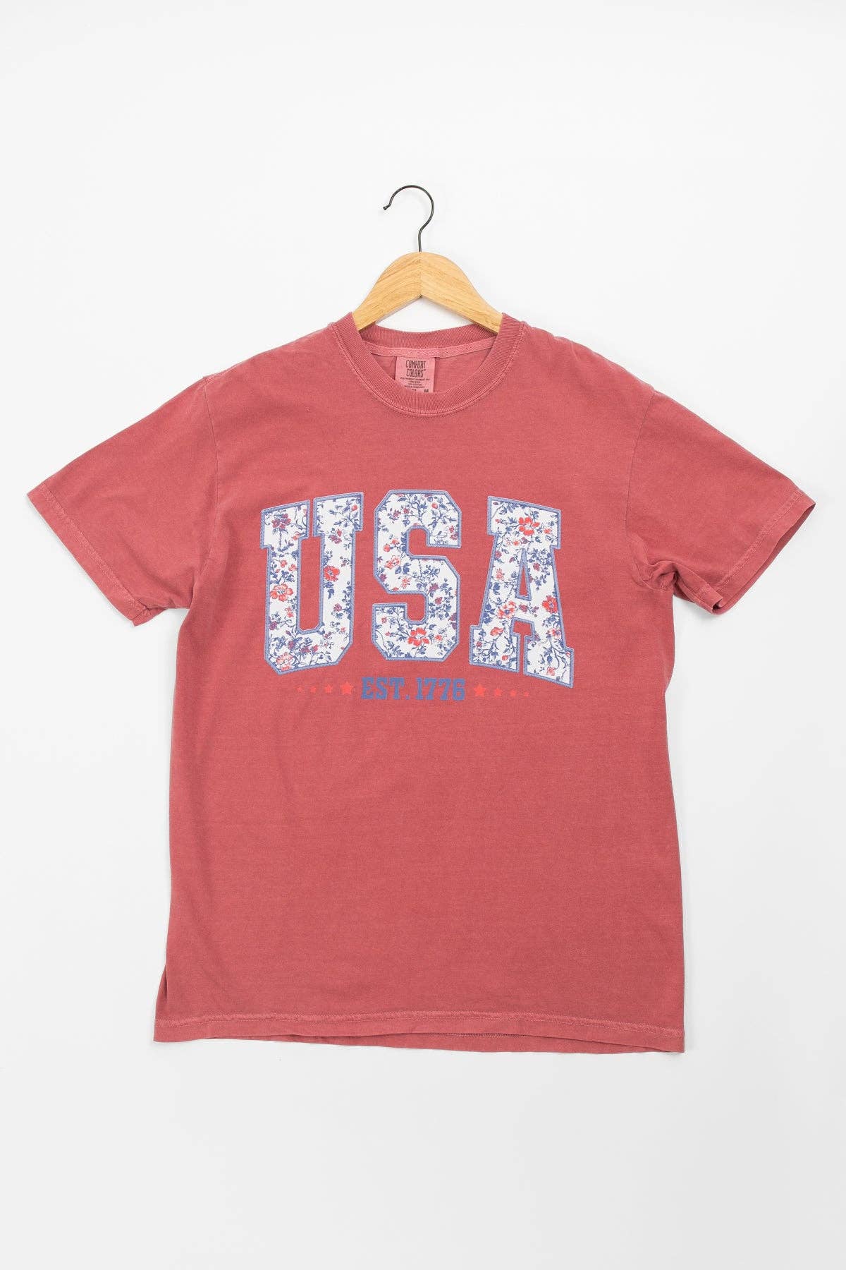 Westen Patriotic Floral 'USA' Washed Red Graphic Tee
