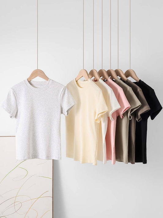 Essential basic plain fitted cotton blend crewneck tee