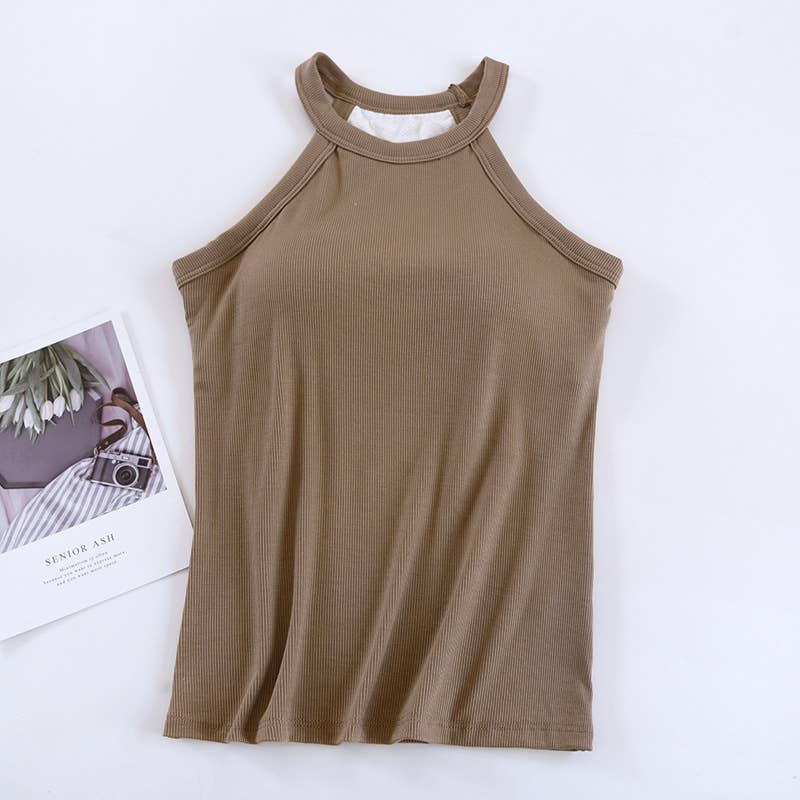 Laid back halter neck rib knit built-in bra tank top