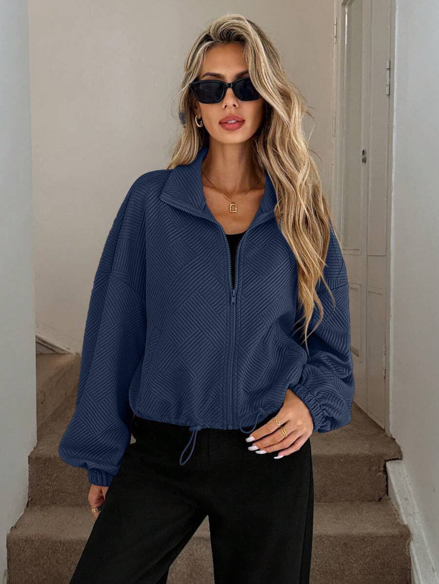 Textured Polyester Jacket Casual Bomber Oversized Zip Up
