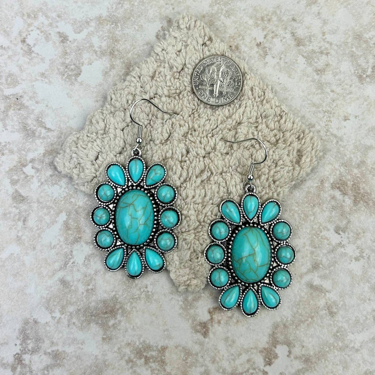 Silver and Blue Turquoise Oval Concho Dangle Earrings