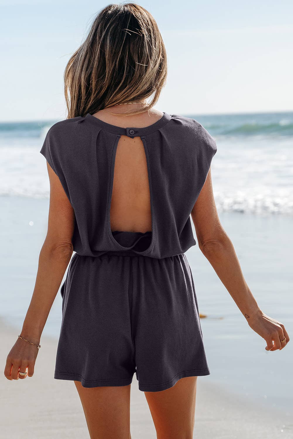 Open Back Cap Sleeve Drawstring Knit Romper | S-XL