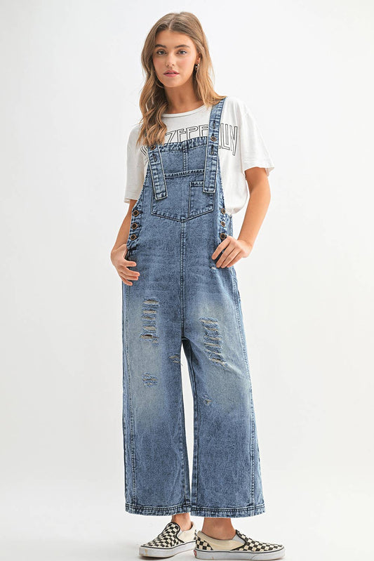 Distressed Bib Pocket Wide Leg Denim Jumpsuit | S-XL