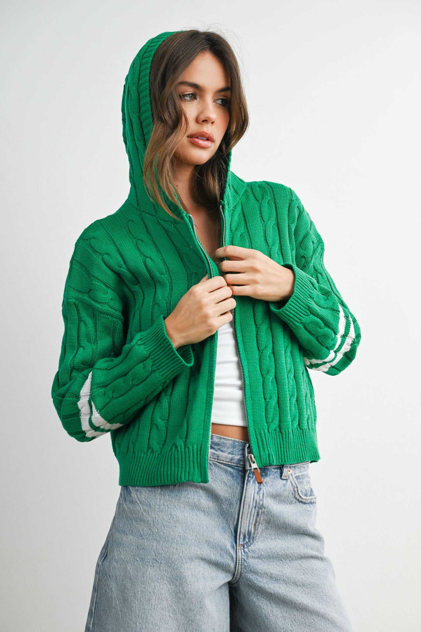 Cable Knit Zip-Up Hoodie Cardigan -