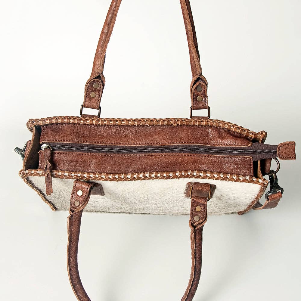 ADBGS118 Western Cowhide Tote -Hair-On Leather Bag with Braided Whipstitch & Strap